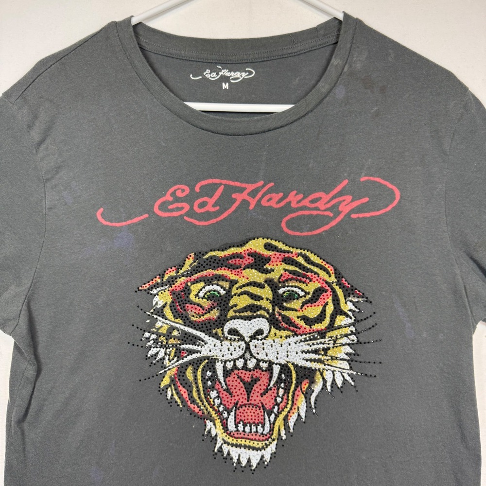 Ed Hardy Tigerβ Graphic Rhinestone T Shirt Black Distressed Mens Sz Medium Y2K